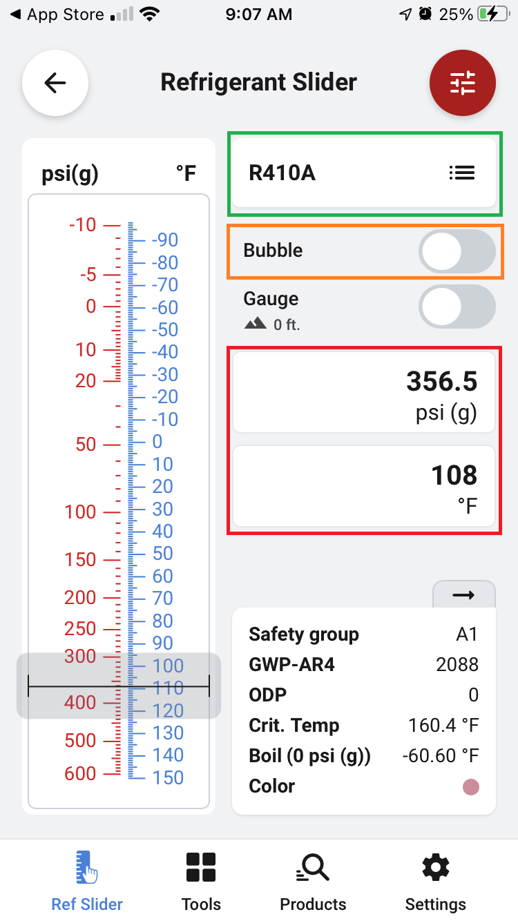 Liquid line pressures of R410A at 108 degrees in the Ref Tools app