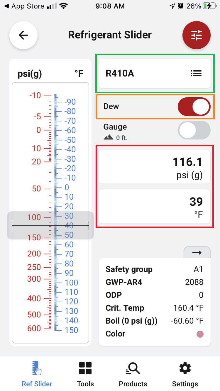 Vapor pressures of R410A in the Ref Tools app